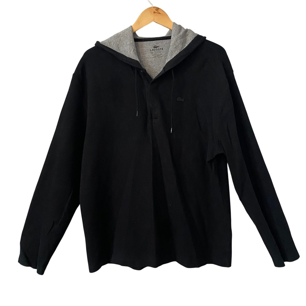 Lacoste Mens Black Hooded Long Sleeve Shirt Cotton Jersey Size 8 XL Casual Logo